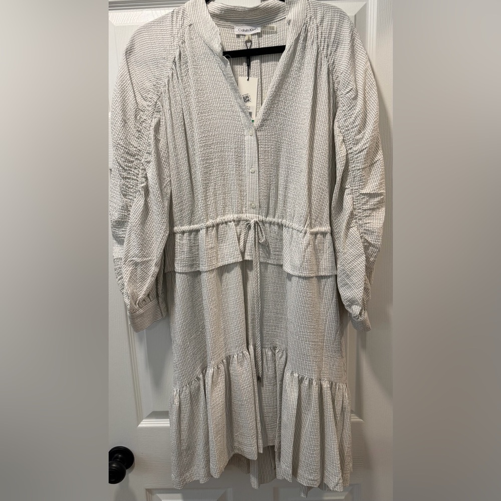 Calvin Klein Cream Textured Tiered Midi Dress